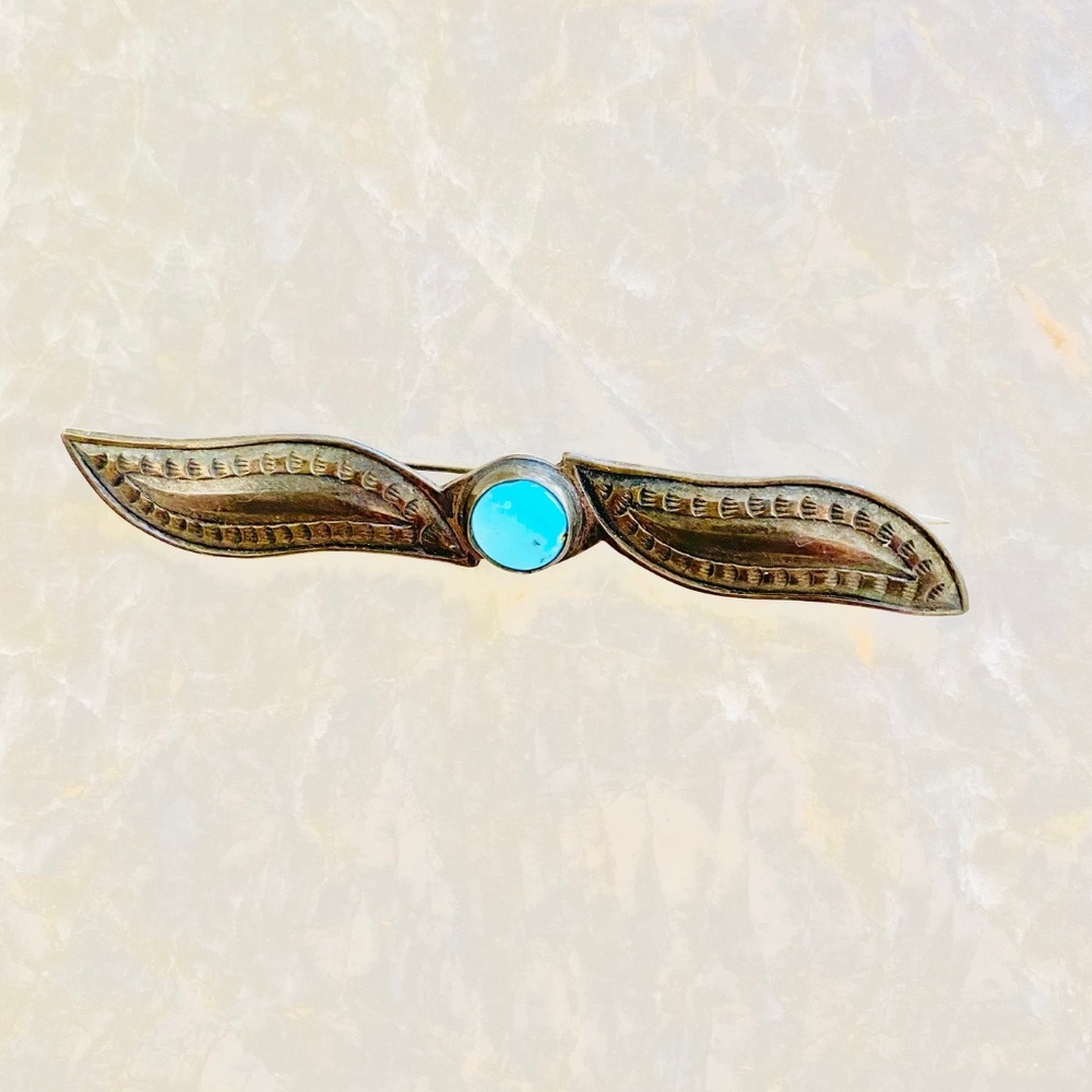 Vintage Winged Bar Brooch with Turquoise-Colored Cabochon – 2.75"